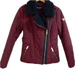 VTG Y2K Guess Women's  Quilted Jacket Size S Burgundy Faux Shearling Trim Moto